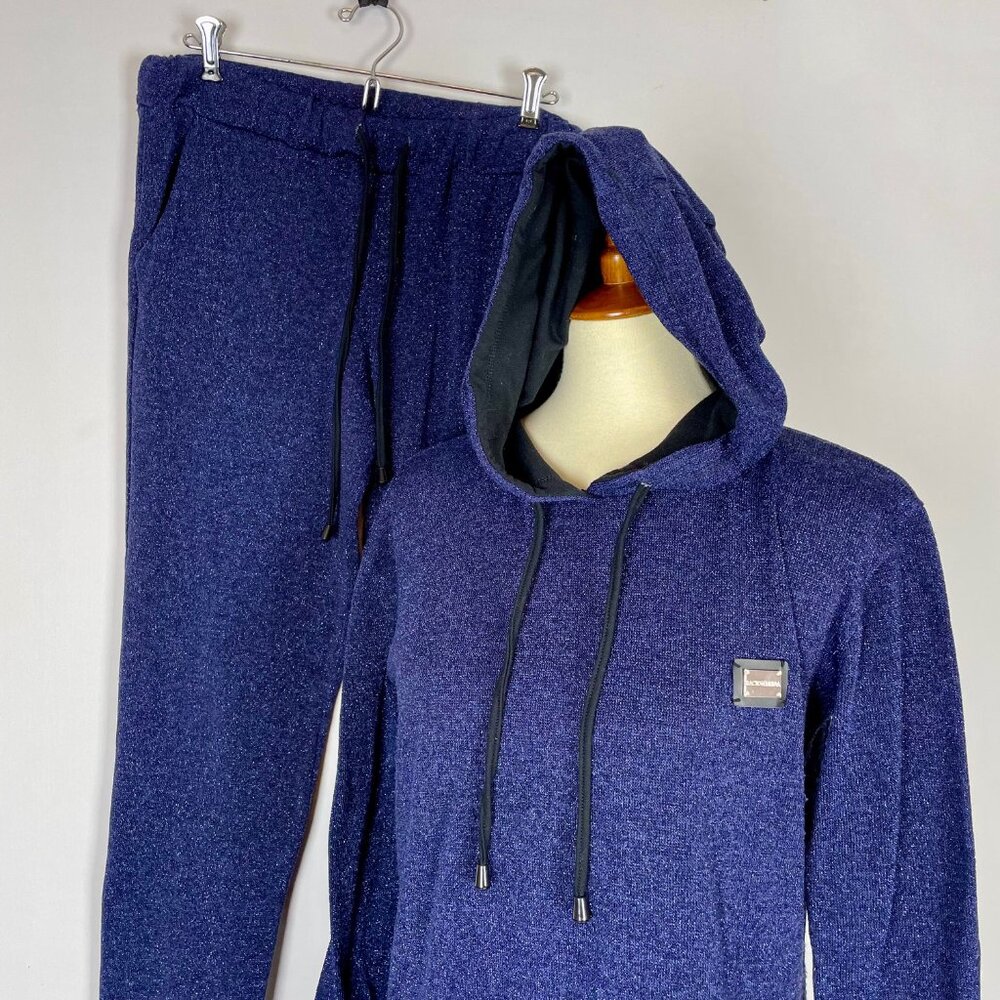 Bacio Di Moda 2 Pc Semi Sheer Hoodie Joggers Sz S Blue Sparkle Dazzle Athleisure